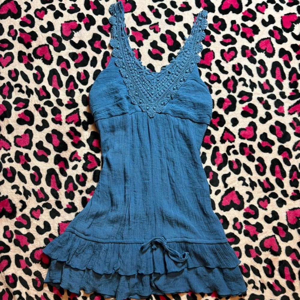 Blue Sleeveless Dress with Ruffle Hem